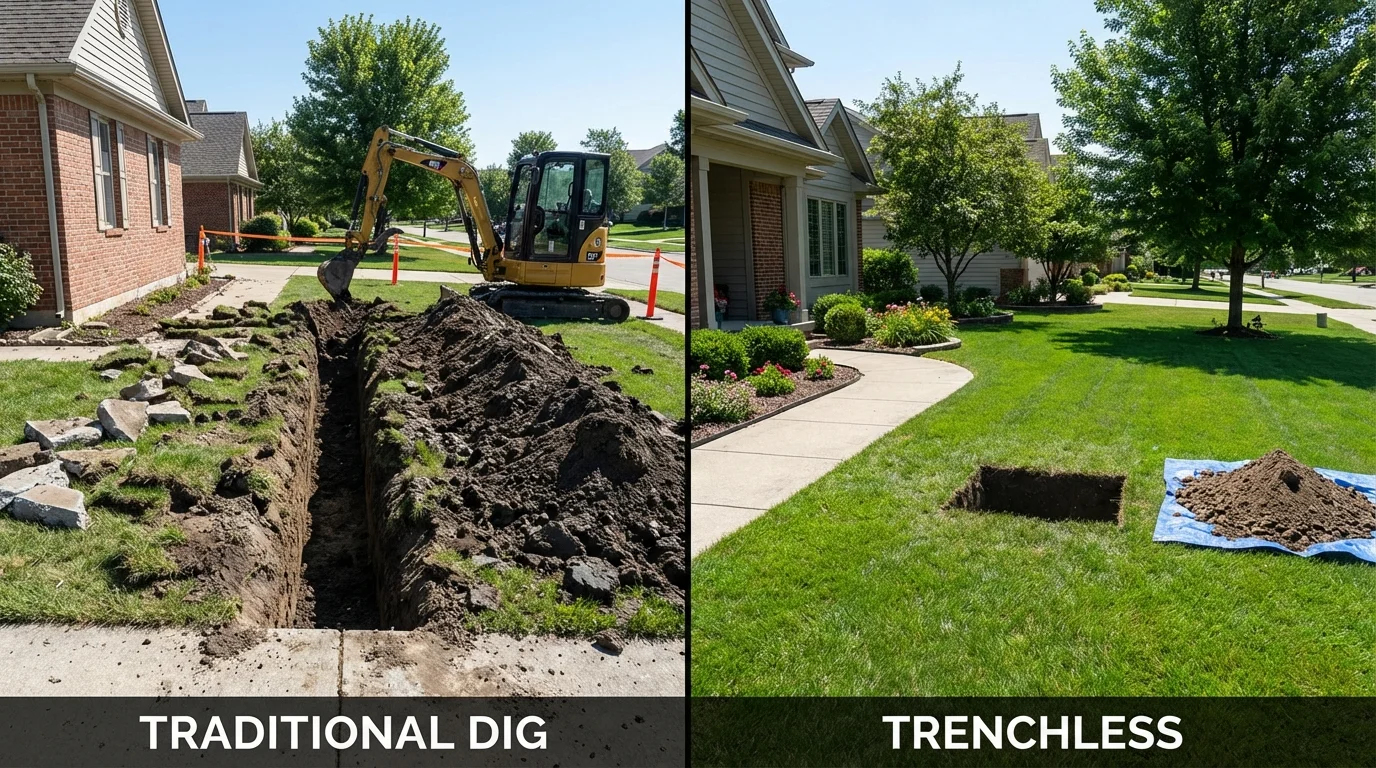 Trenchless sewer repair with minimal yard damage versus traditional excavation in Girard, OH